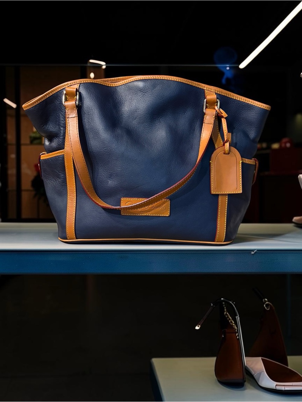 Dooney & Bourke Kristen Large Navy Leather Tote British Tan Shoulder Bag